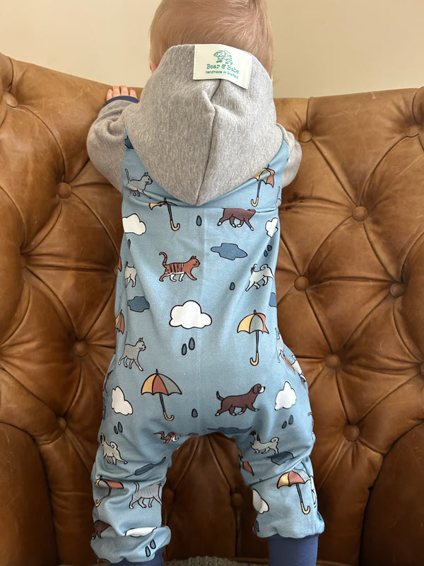 Blue Raining Cats & Dogs Baby and Children's Hooded Romper