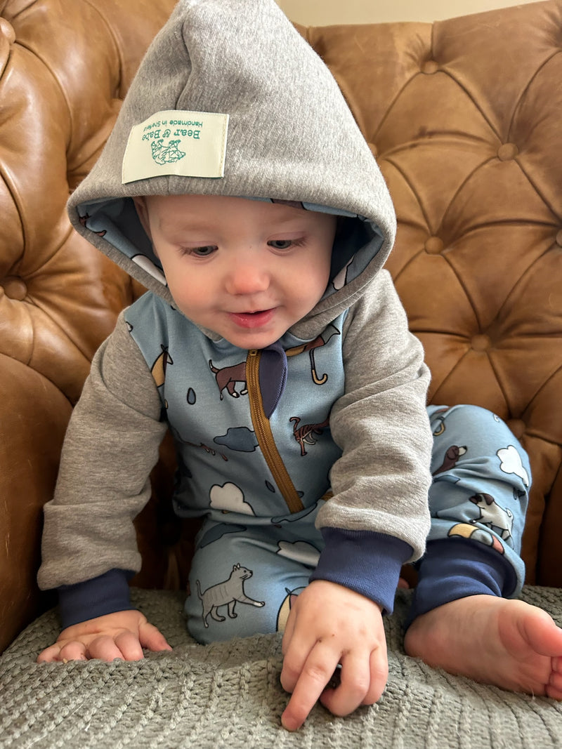 Blue Raining Cats & Dogs Baby and Children's Hooded Romper