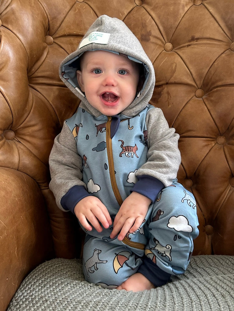 Blue Raining Cats & Dogs Baby and Children's Hooded Romper