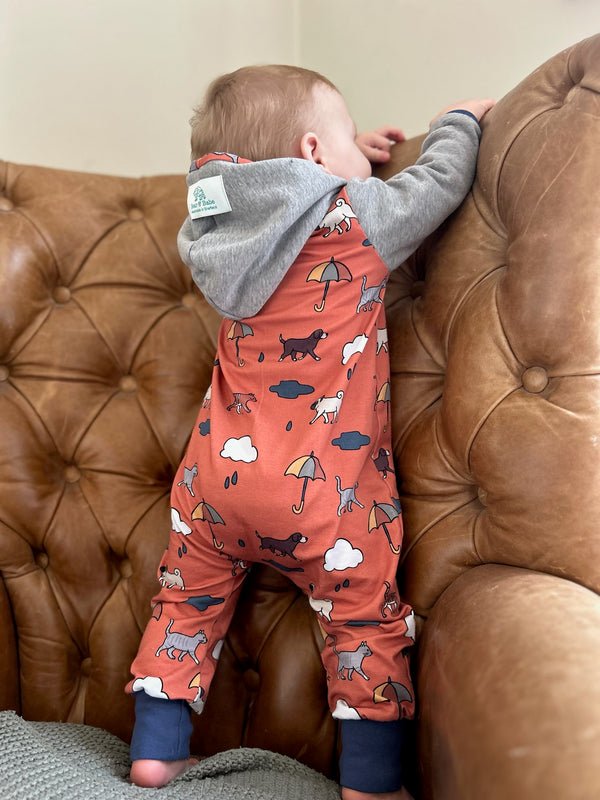 Orange Raining Cats & Dogs Baby and Children's Hooded Romper