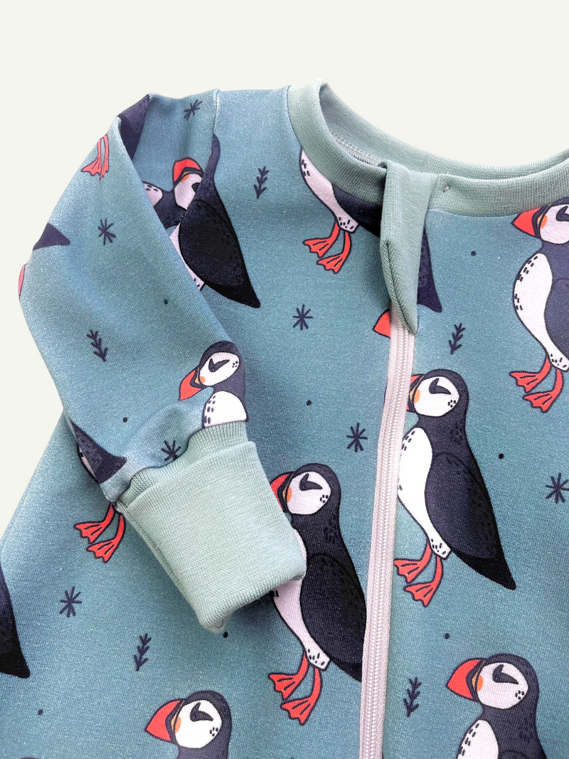 Green Puffins Baby and Children's Zip Sleepsuit