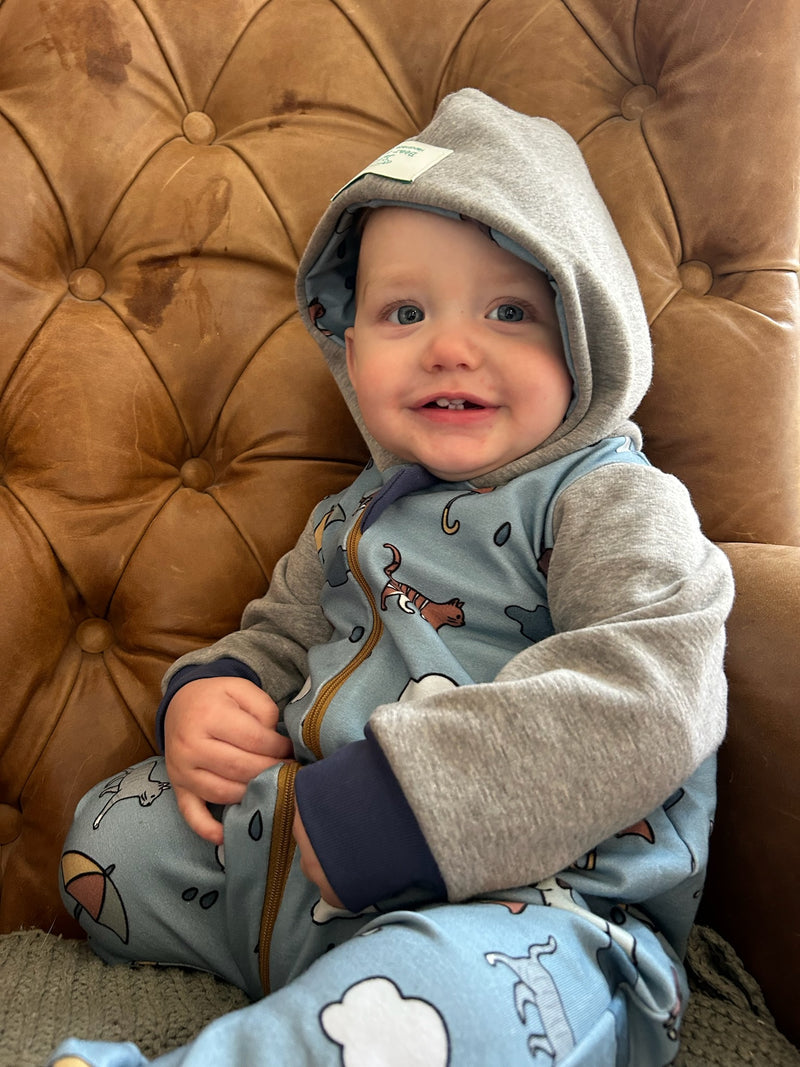 Blue Raining Cats & Dogs Baby and Children's Hooded Romper