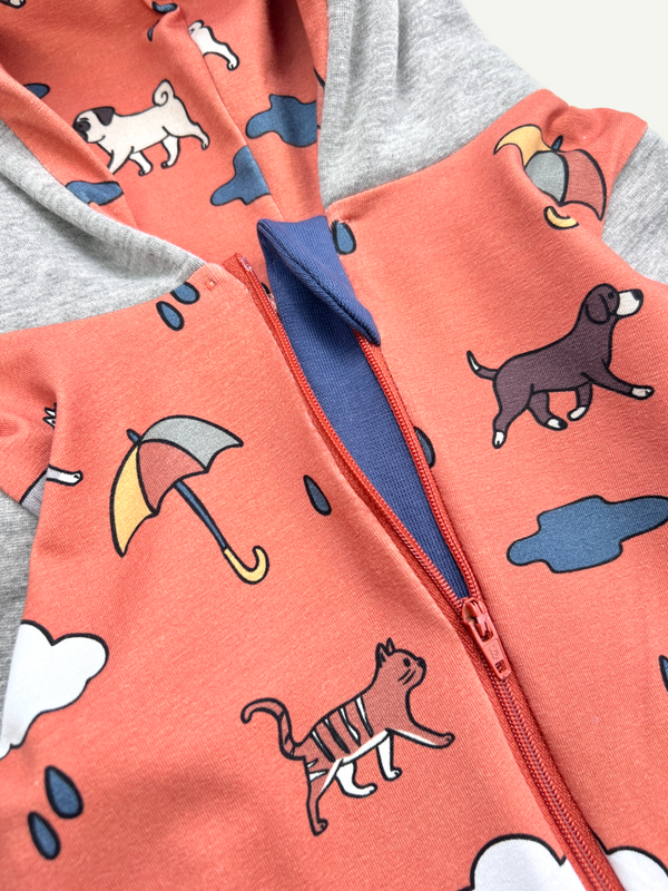 Orange Raining Cats & Dogs Baby and Children's Hooded Romper