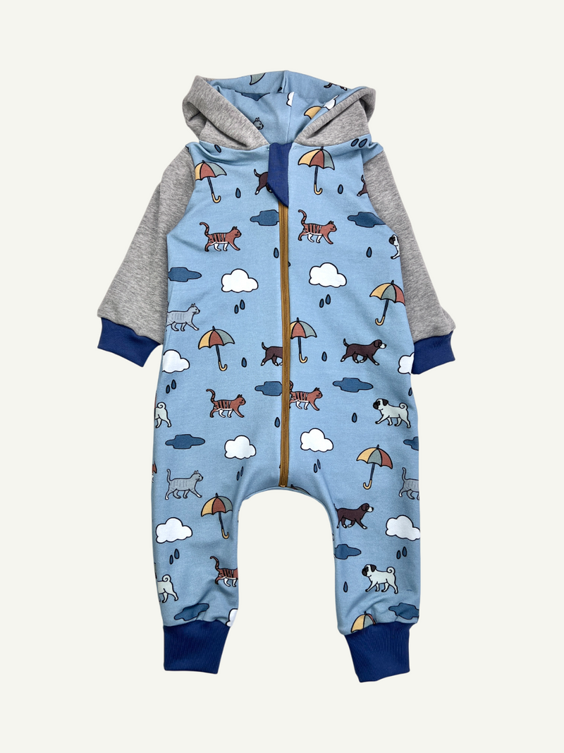 Blue Raining Cats & Dogs Baby and Children's Hooded Romper