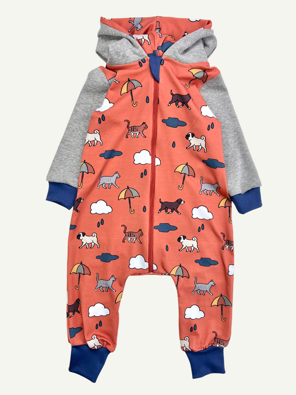Orange Raining Cats & Dogs Baby and Children's Hooded Romper