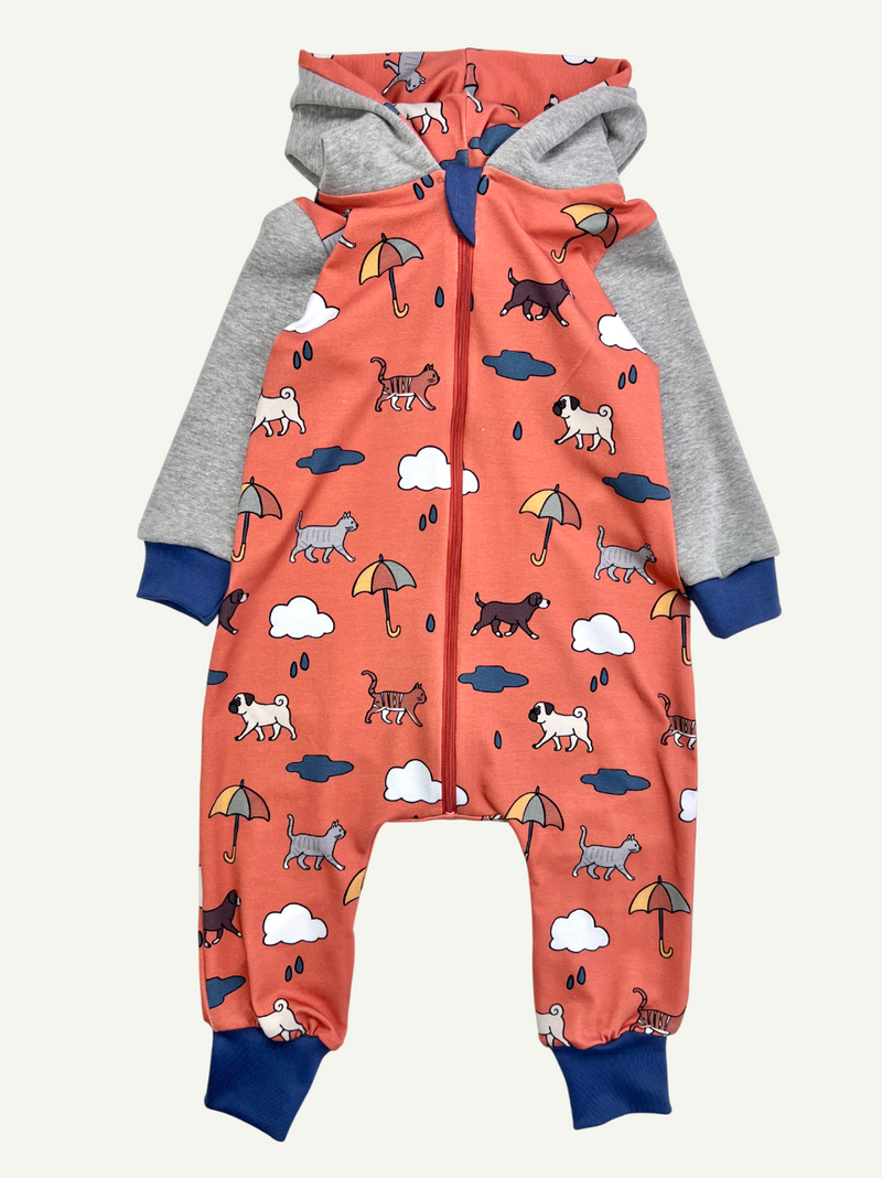 Orange Raining Cats & Dogs Baby and Children's Hooded Romper