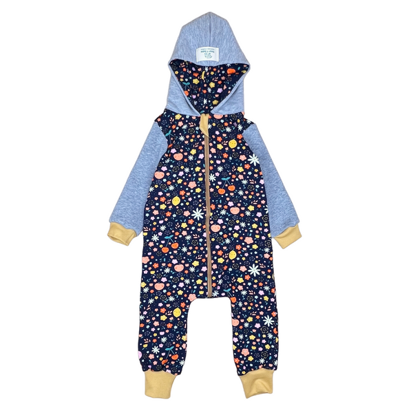 Navy Floral Fruits Baby and Children's Hooded Romper