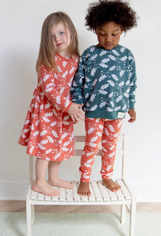 Bear & Babe's new Autumn Winter release featuring Ginger Acorns dress, Ginger Acorns Leggings and Pine Acorns Sweater