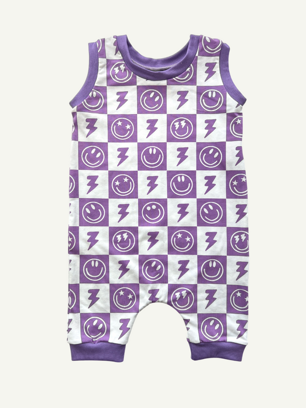 Purple Smiley Checkers Baby and Children's Short Romper