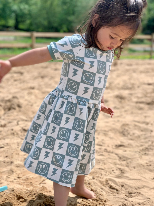 Sage Smiley Checkers Baby and Children's Dress