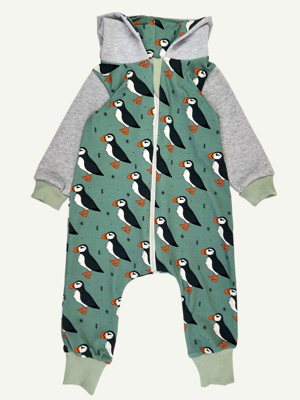 Green Puffins Baby and Children's Hooded Romper