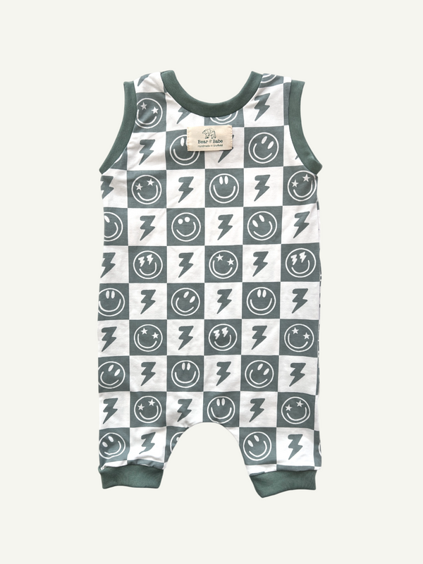 Sage Smiley Checkers Baby and Children's Short Romper