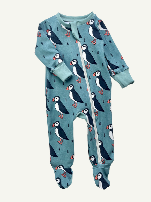Green Puffins Baby and Children's Zip Sleepsuit